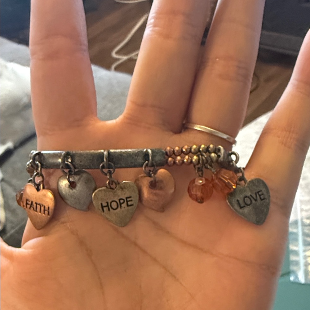 Faith Hope Love Heart Charm Bracelet - Copper and Silver Tones